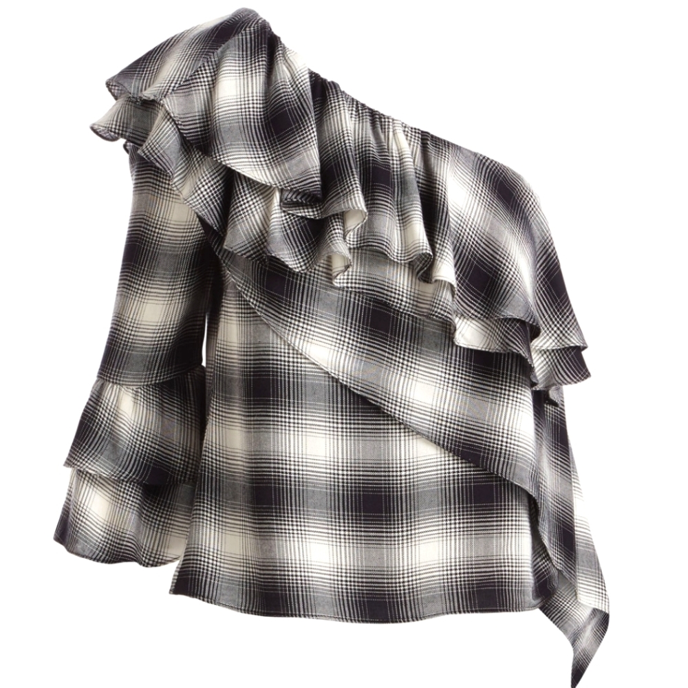 NWT ALICE + OLIVIA Hilaria B/W One-Shoulder Bell Sleeve Ruffle Plaid Top sz M